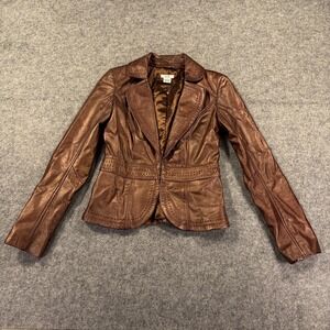Cache Lamb Leather Blazer Womens 2 Brown Fitted Metallic Jacket Whipstitch Trim